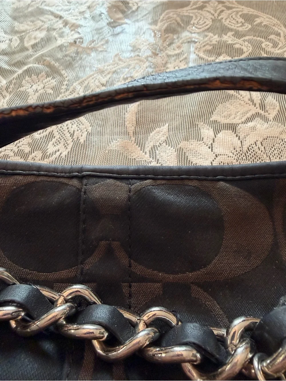 Coach Black and Brown Signature Canvas Shoulder Bag with Chain Accent